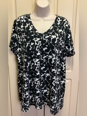 Lands End Shirt Top-Black White Floral Pattern-V Neck-100% Supima Cotton-0X 14W